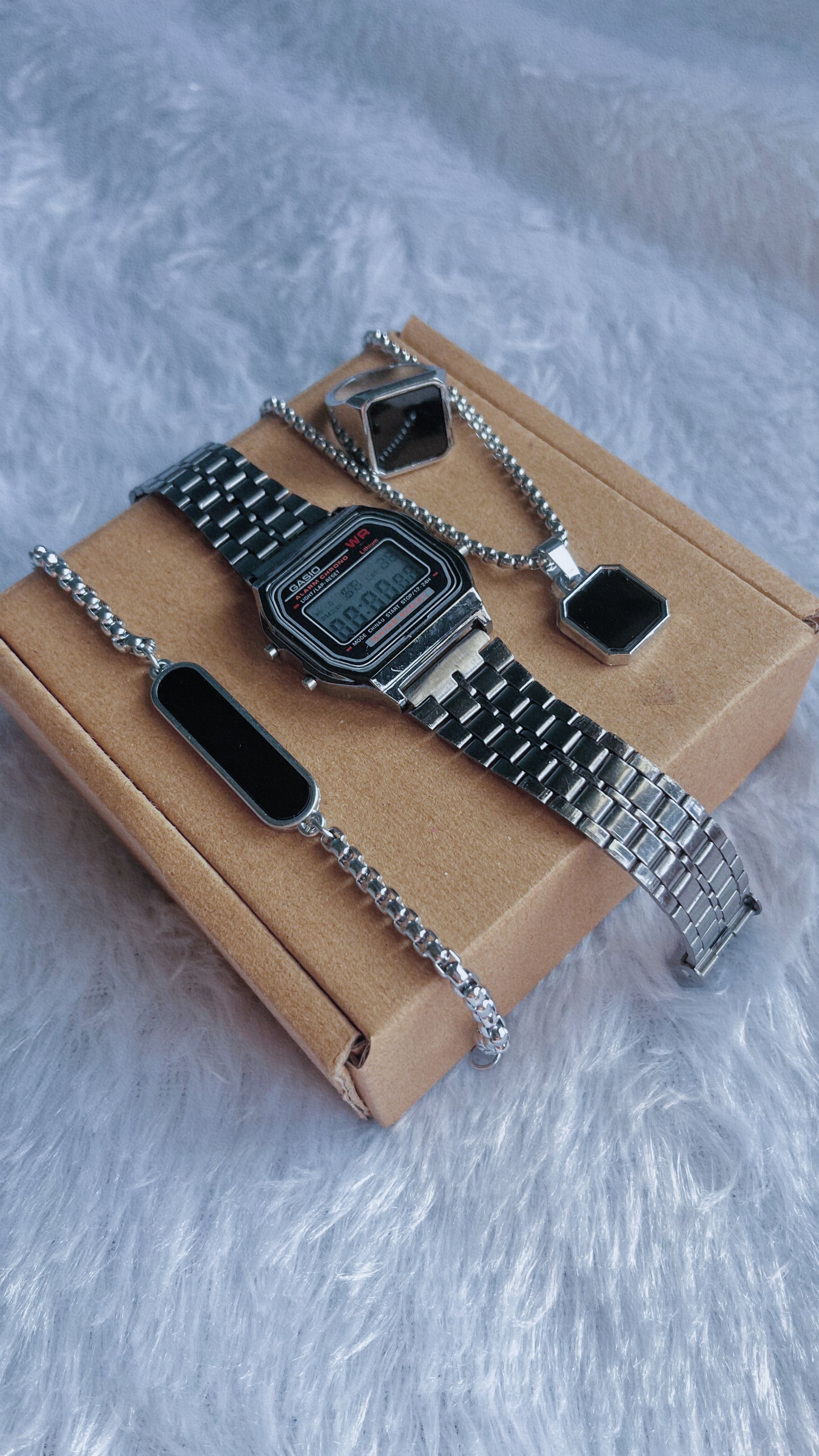 Square dial watch with square dotted chain,Bracelet and ring