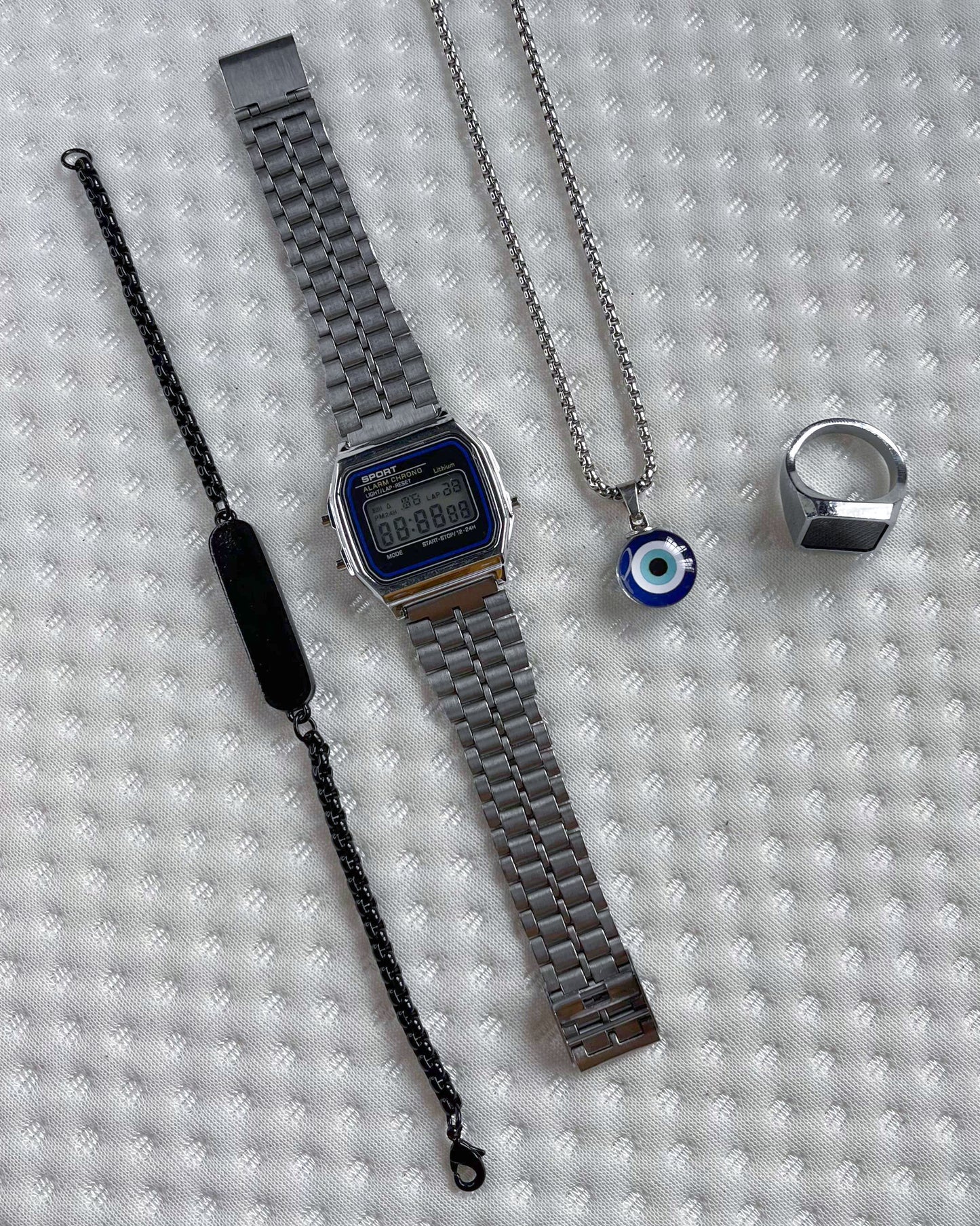 Square dial evil eye chain combo