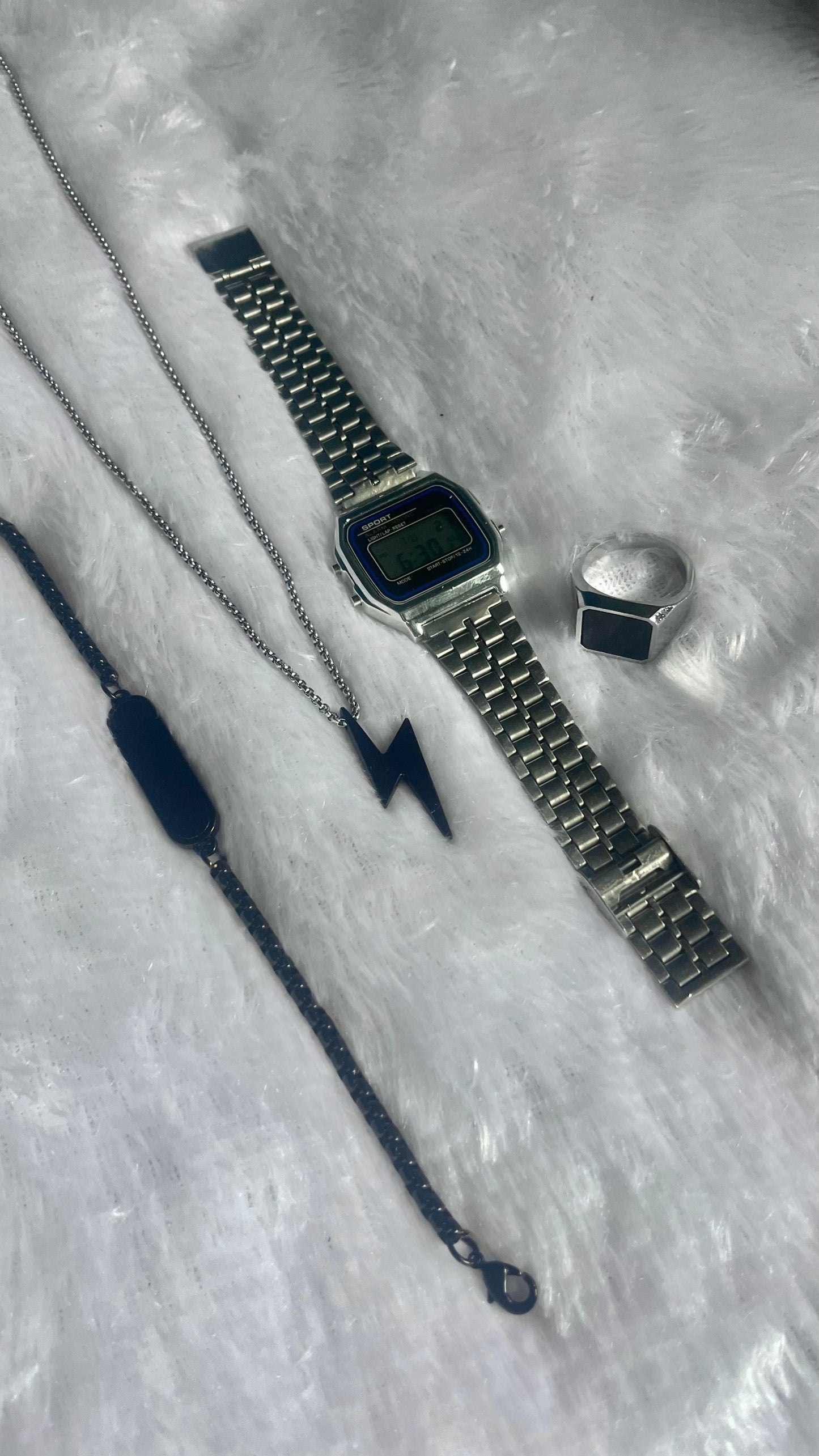 Square dial silver watch thunder chain bracelet ring combo