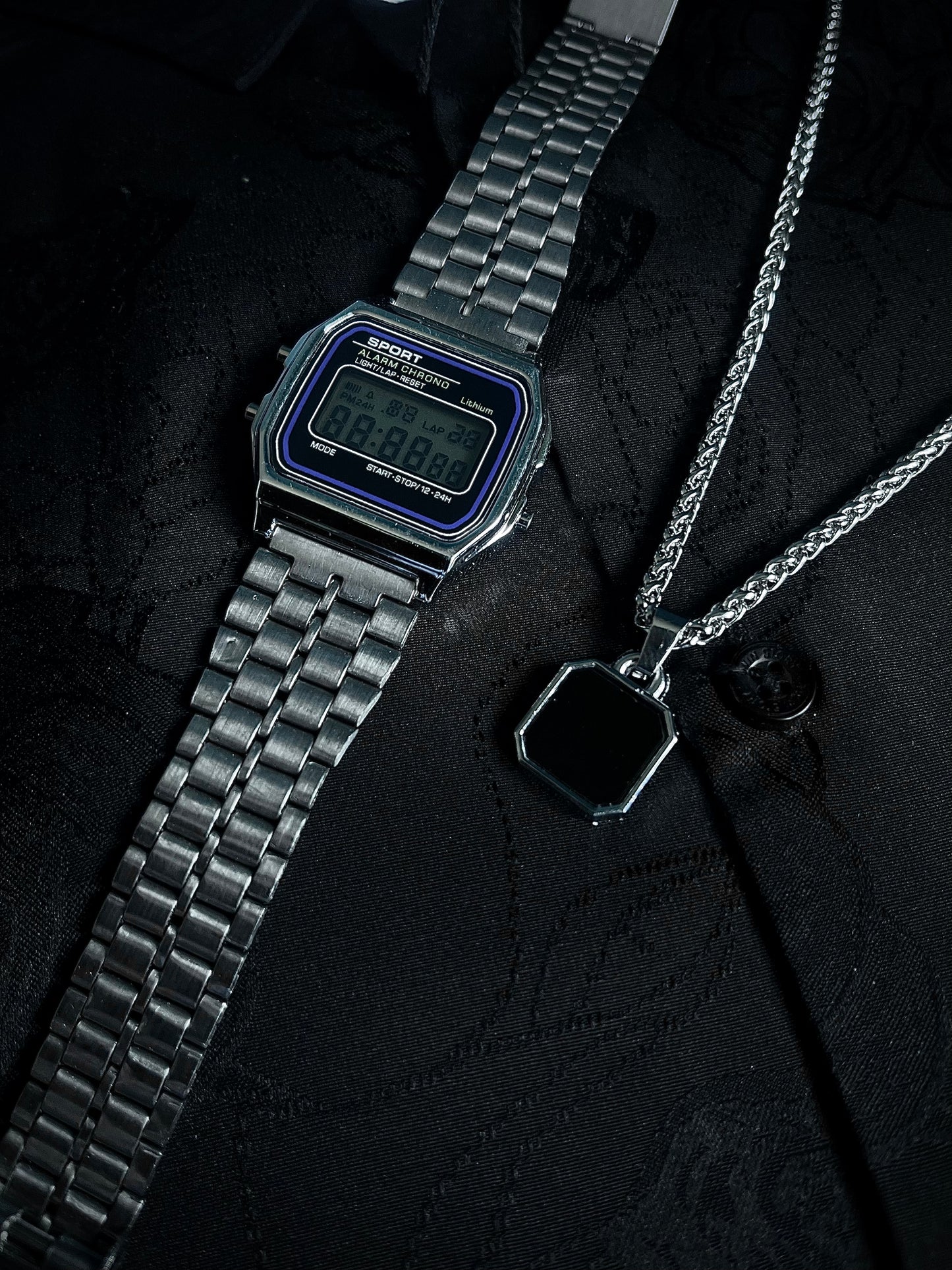 Square Dial Vintage silver watch and Black dotted premium chain
